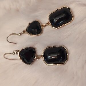 Vintage Gold Toned Drop Hook Earrings With Black Beads